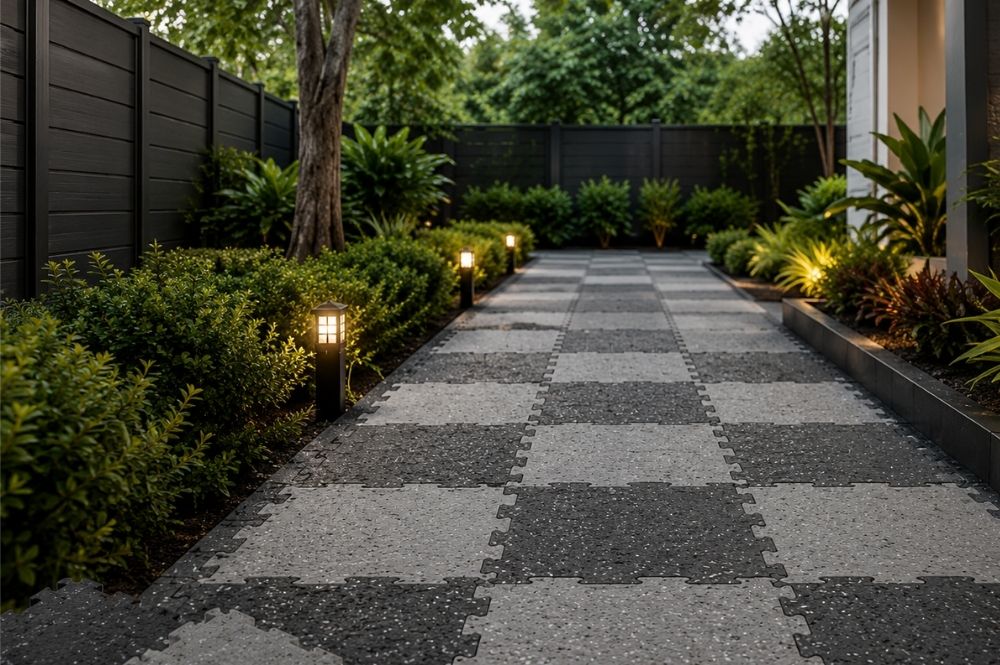 Colourful interlocking eco recycled plastic tiles for outdoor pathways