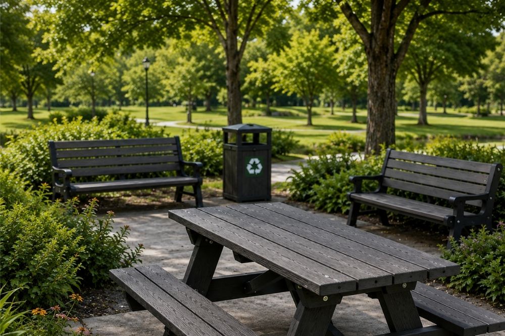 Outdoor recycled plastic picnic tables and benches for parks and gardens