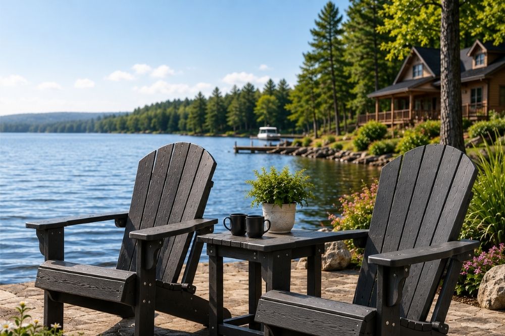 Eco Classy Adirondack chairs made from recycled plastic at lakefront